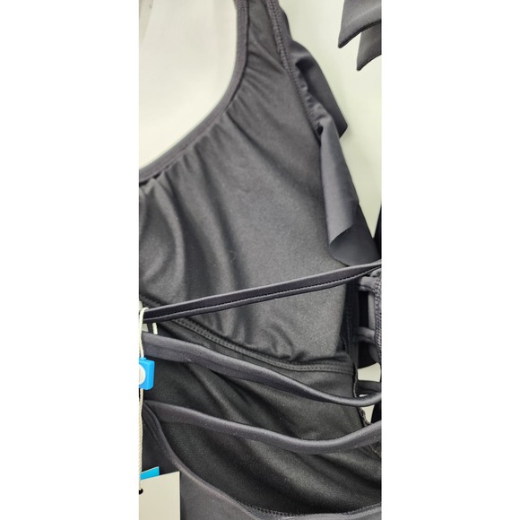 NEW Bleu Rod Beattie Black Ruffle Lattice‎ Plunge One Piece Swimsuit Size 14 - Picture 9 of 13